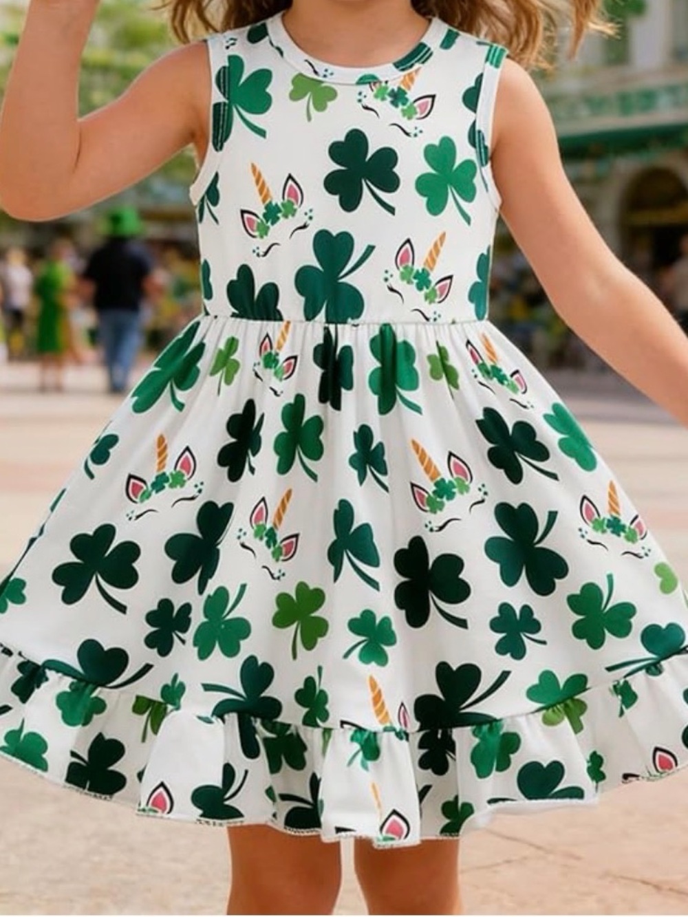 NWOT Girls' White & Green Dress Shamrock & Unicorn Print, 4-5Y
